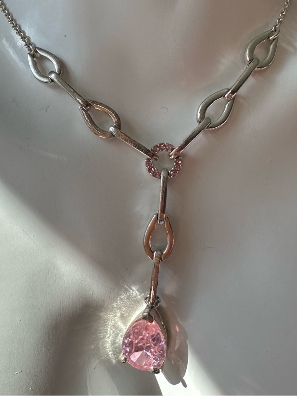 NR Signed Pink Tear Drop & Small Pink Rhinestone Silver Tone Y Necklace
